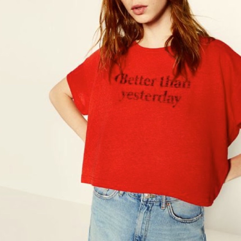 Zara women’s “better than yesterday” oversized red crop-top short sleeve t-shirt